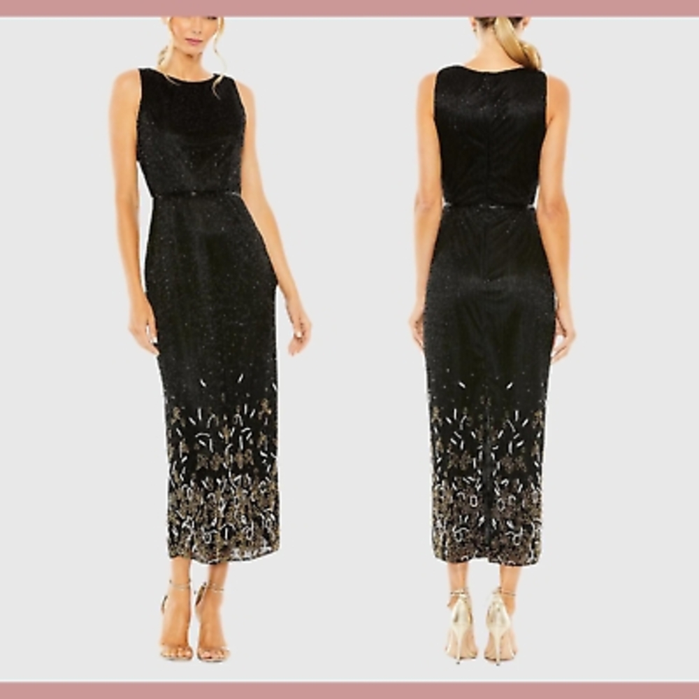 Black and Gold Sequin Embellished Sheath Midi Dress